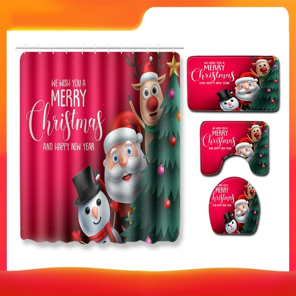 US Christmas Santa Claus Shower Curtain Pedestal Rug Lid Toilet Cover Bath Mat